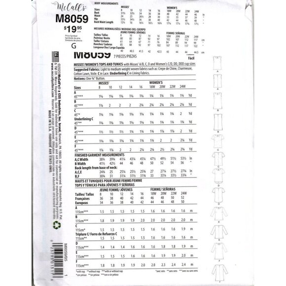 McCall's M8059 Misses 8 to 16 Pullover Tops and Tunics Uncut Sewing Pattern - Picture 2 of 2